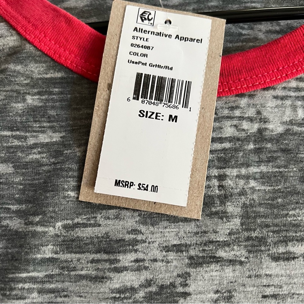 NWT ALTERNATIVE APPAREL 3/4 Sleeve grey & Red USA Heather Burnout Tee Size M - Picture 3 of 12